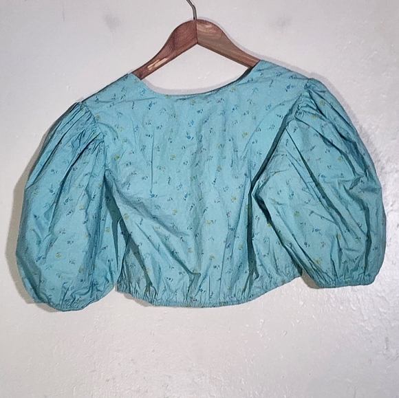 Ganni Blue Floral Puff Sleeve Crop Top - Picture 3 of 9